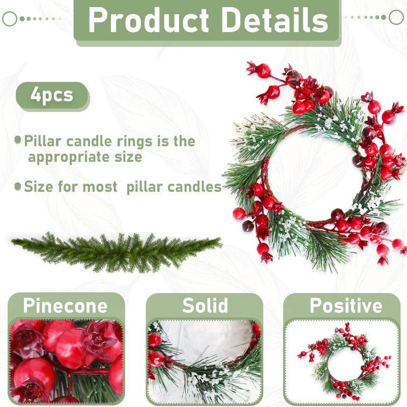QTKJ Set of 4 Easter Big Wreath Decorative Taper Candle Rings with Red Pomegranate Berries Candle Holder Stand for Dinner Wedding, Parties and Home Decor - Image 3